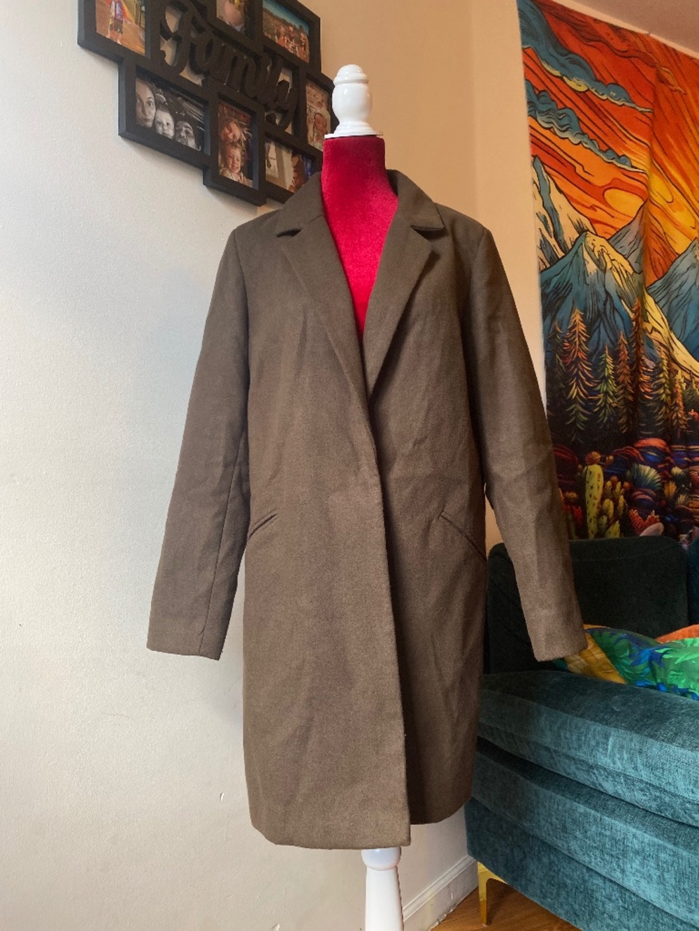 brown, long-line notched lapel peacoat